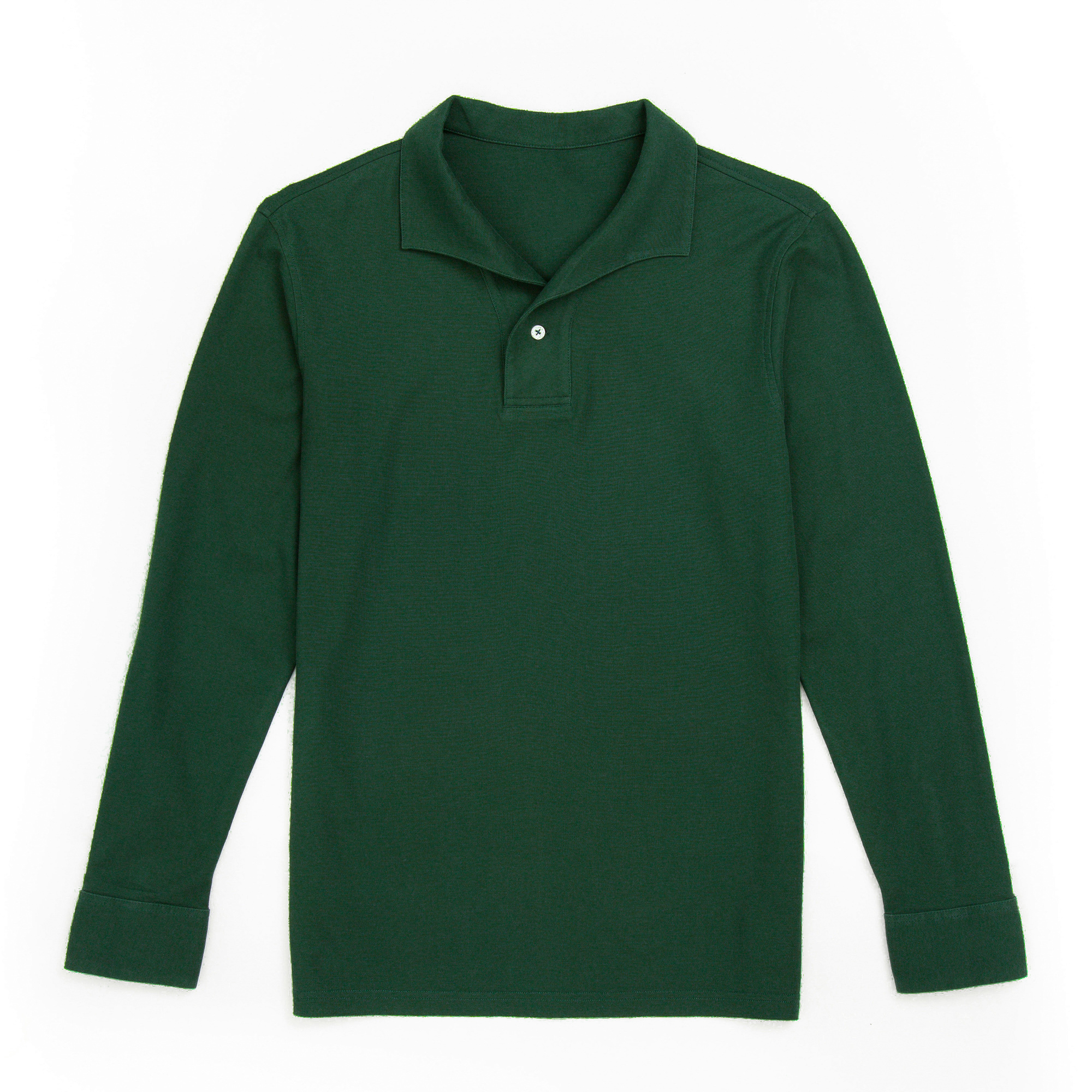 Flat lay of Senszio custom made dark green polo shirt, available in long or short sleeve. Made from premium Italian stretch cotton