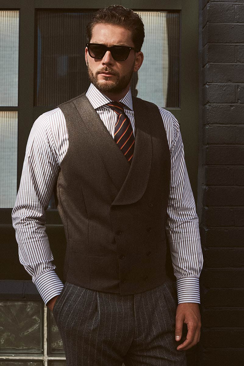 Summer smart attire from Senszio, a pinstripe suit and a waistcoat, custom made from fit to fabric